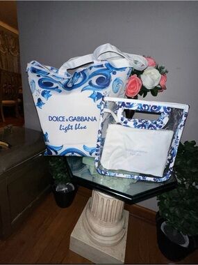 Dolce & Gabbana White and Blue Printed Tote & Clear Bag Set